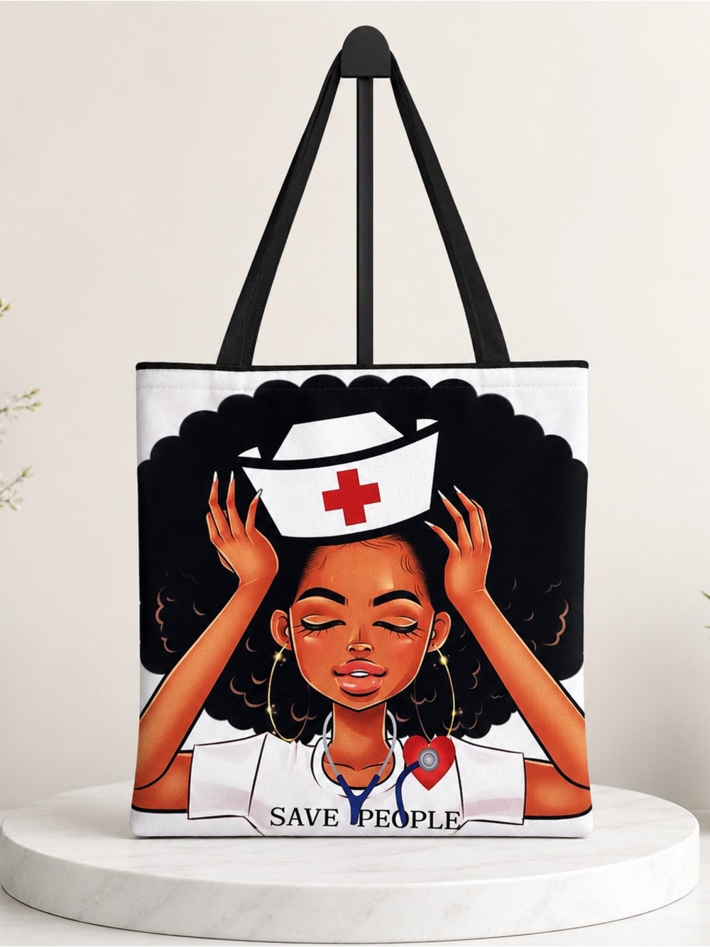 Nurse Graphic Canvas Tote Bag | Afro Nurse “Save People” Large Reusable Bag